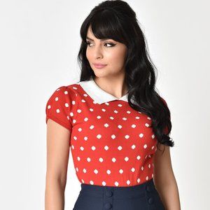 Unique Vintage Red & White Polka Dot Cotton Knit Short Sleeve Sweater